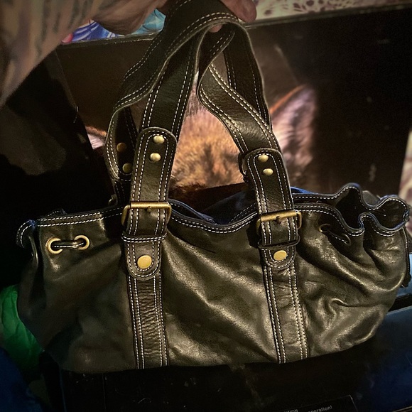 Daniel black leather small baguette hand shoulder bag. Black whit stitching - Picture 1 of 8